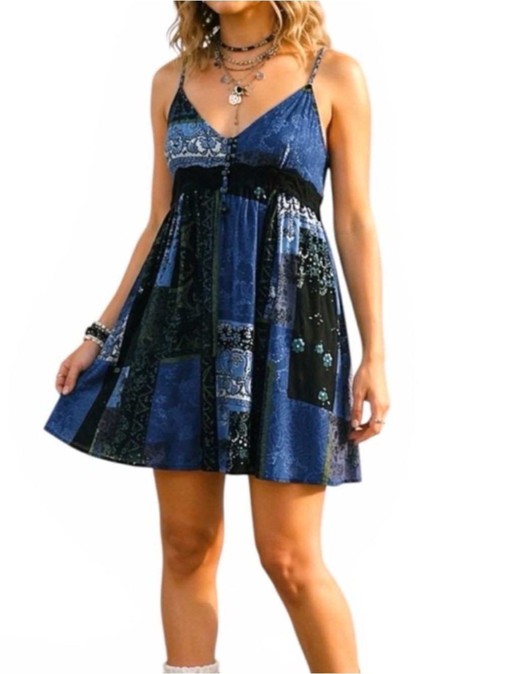 New Patchwork Boho Babydoll Dress Blue Indie Grunge Slip Mini Lace S Festival